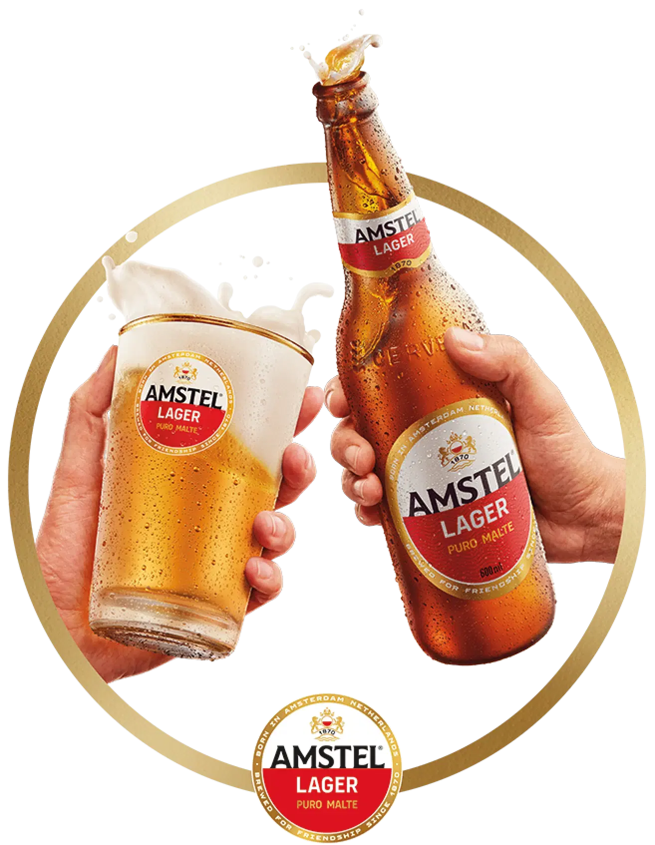 Copo e garrafa de Amstel Lager